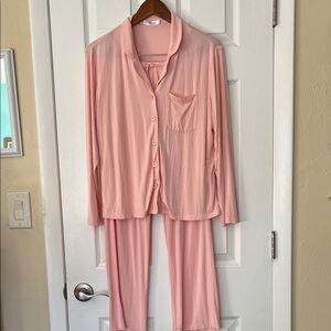 Latusz viscose bamboo pajamas pink button long sleeve pants pockets Med petite